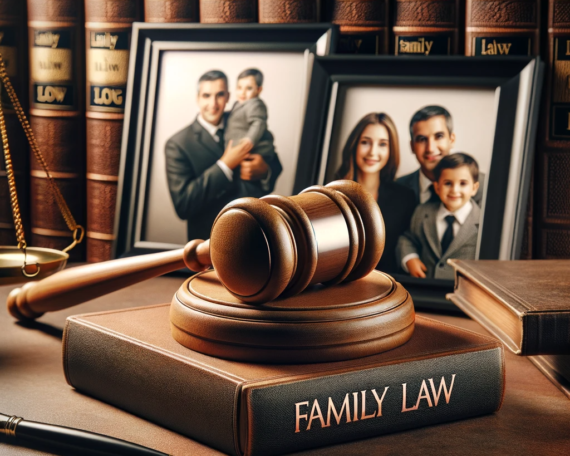 A realistic AI generated blog cover image for a family law blog, featuring a gavel, a family photograph, and law books. The elements should be arranged in a harmon